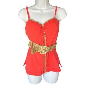 2B Bebe Corset Tank Top Womens Small Belted Babydoll Coral Animal Print Y2K